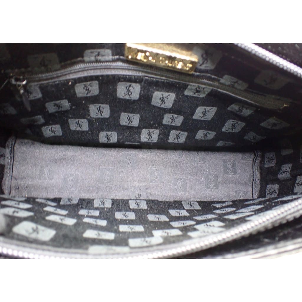 YSL Saint Laurent Vintage Black Croc Embossed Leather Handbag With Original Dustbag & Box - black / Leather