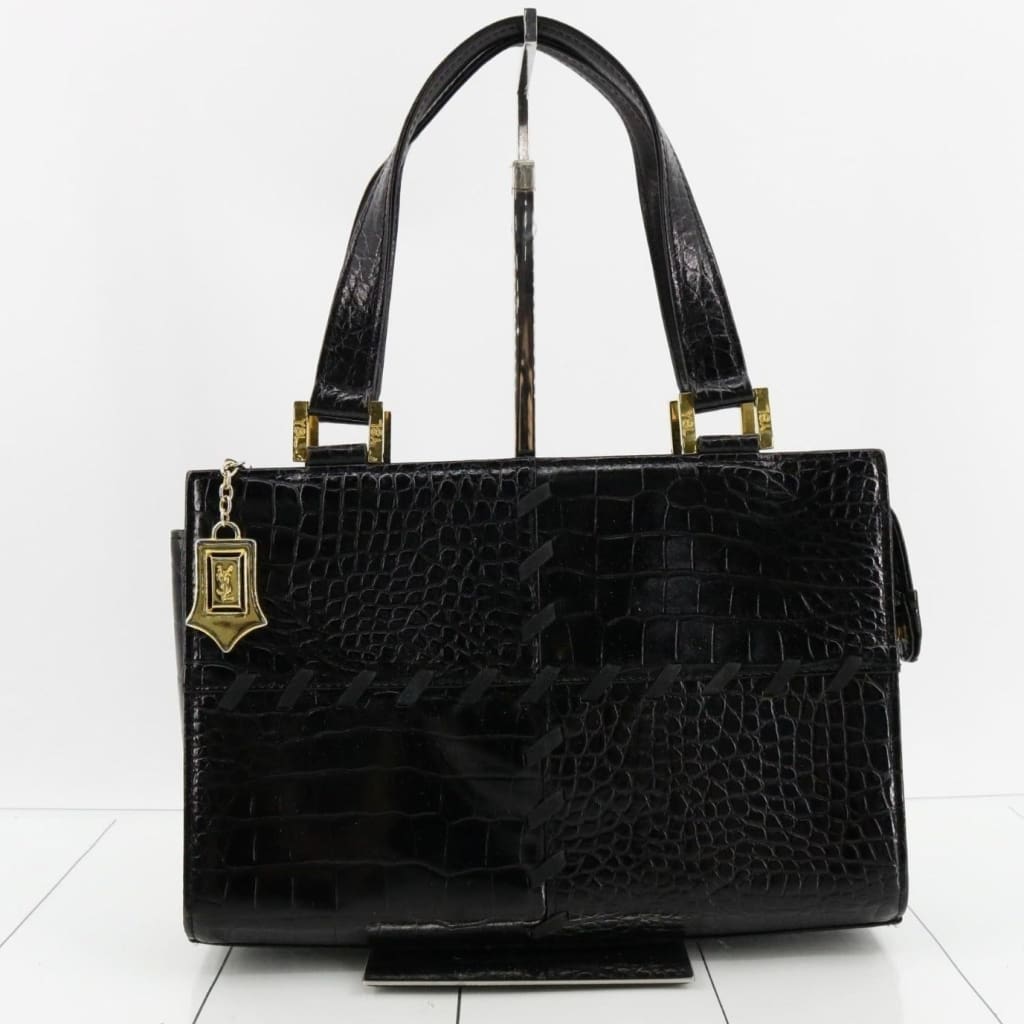 YSL Saint Laurent Vintage Black Croc Embossed Leather Handbag With Original Dustbag & Box - black / Leather