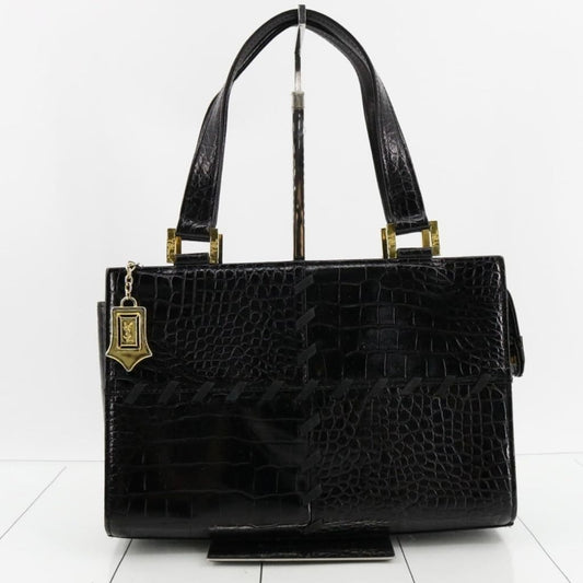 YSL Saint Laurent Vintage Black Croc Embossed Leather Handbag With Original Dustbag & Box - black / Leather