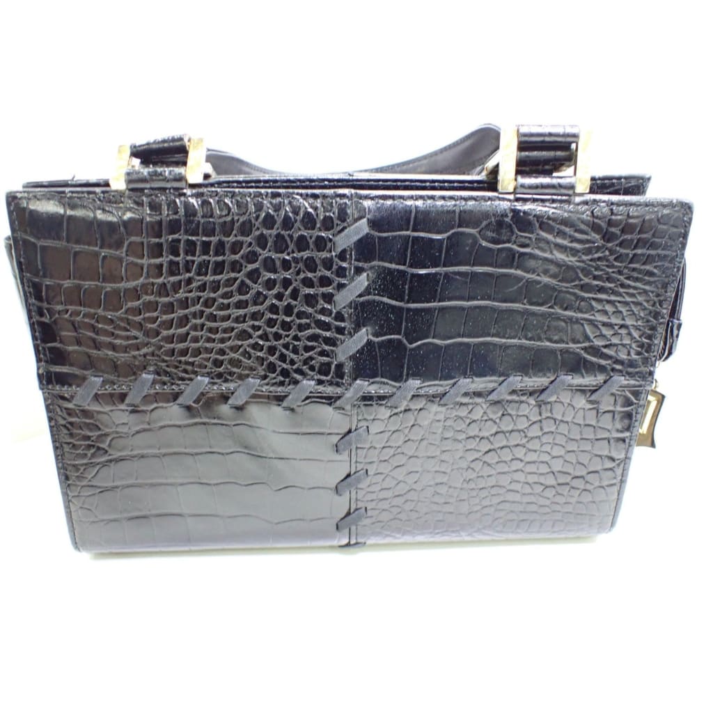 YSL Saint Laurent Vintage Black Croc Embossed Leather Handbag With Original Dustbag & Box - black / Leather