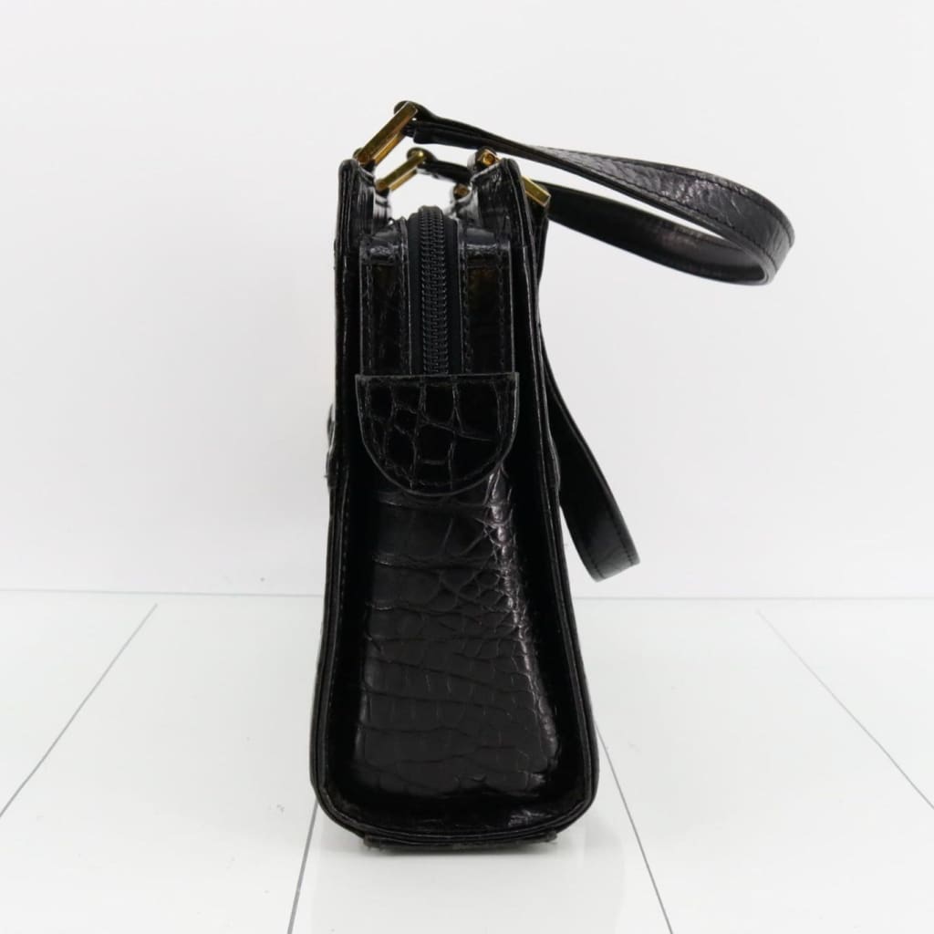 YSL Saint Laurent Vintage Black Croc Embossed Leather Handbag With Original Dustbag & Box - black / Leather