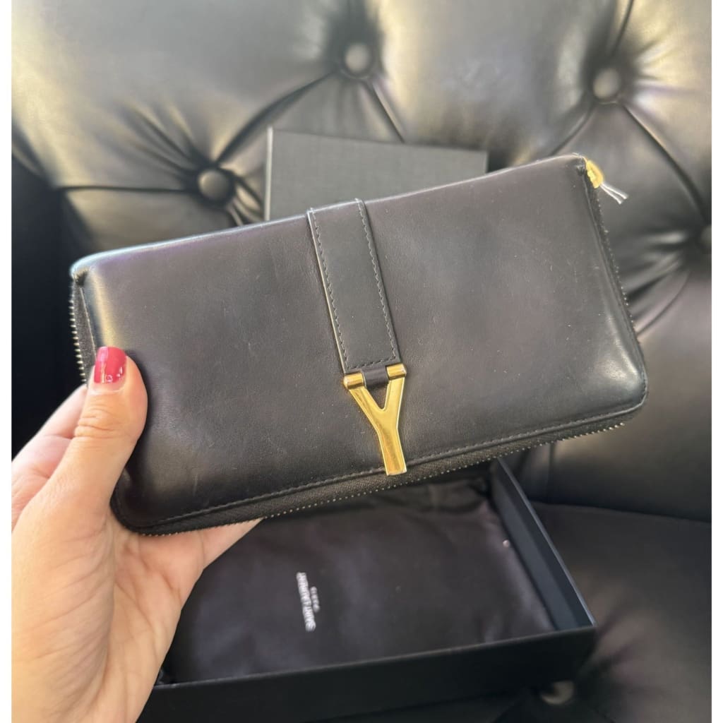 YSL Y-Line Leather Zippered Long Wallet (MSRP $1400) - black / leather