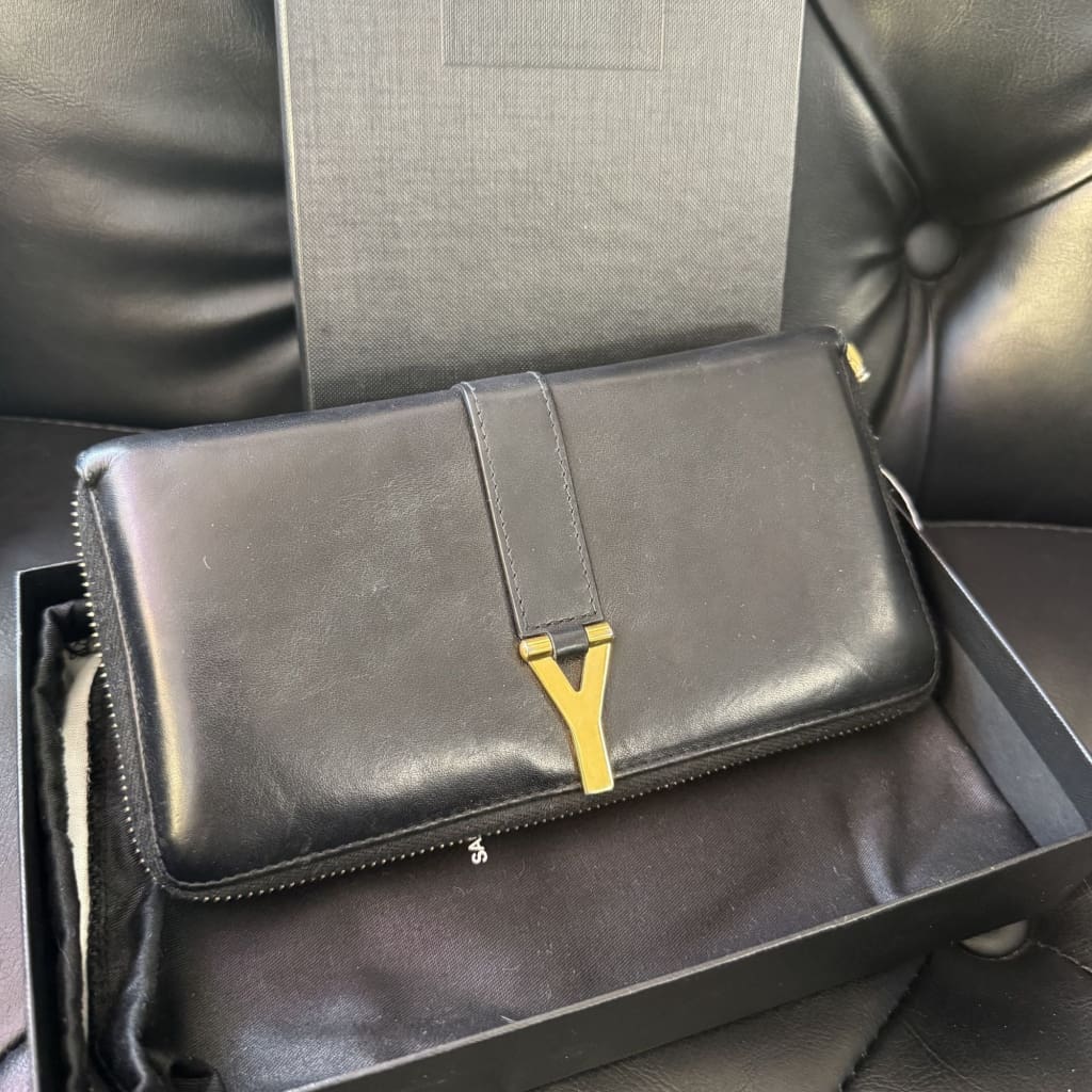 YSL Y-Line Leather Zippered Long Wallet (MSRP $1400) - black / leather