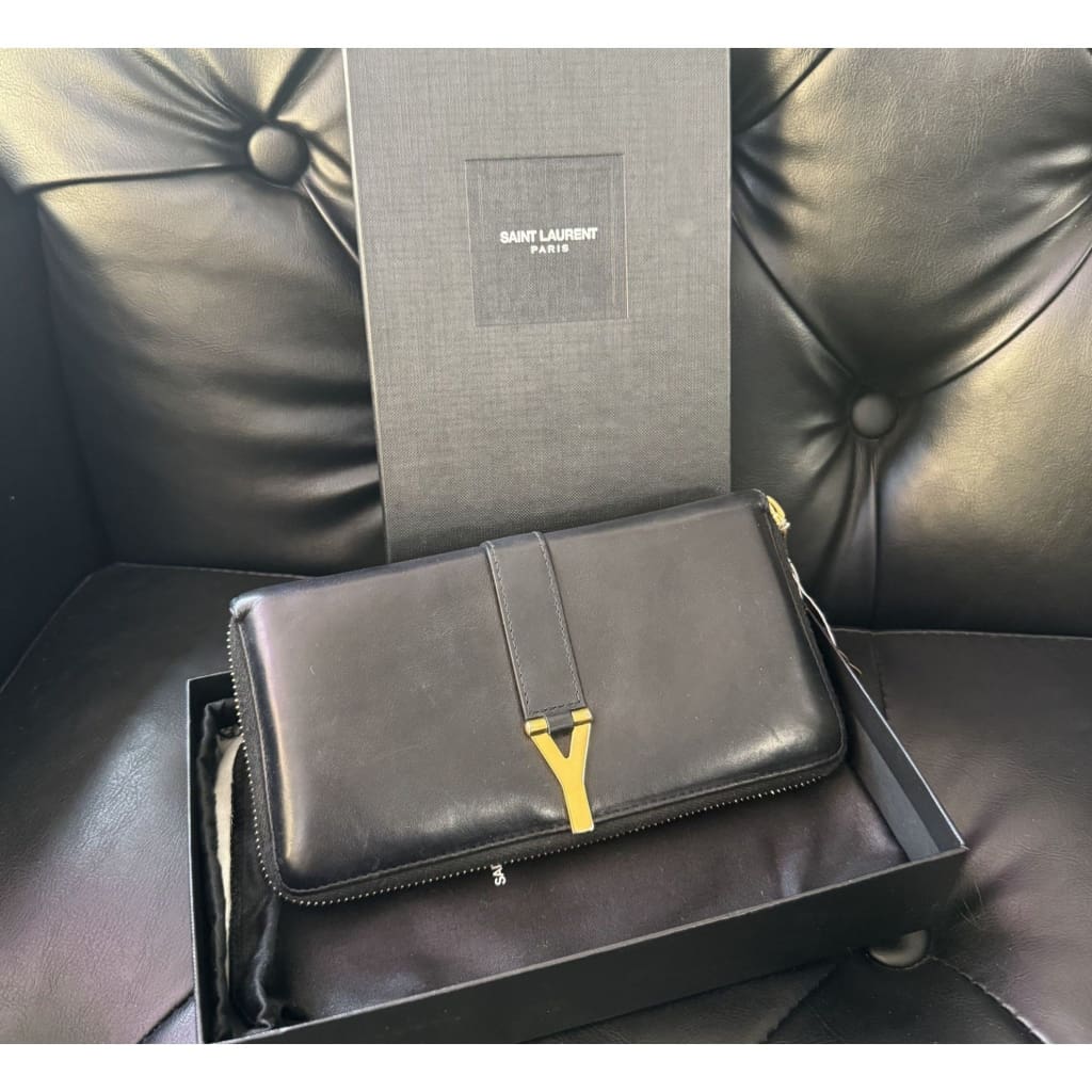 YSL Y-Line Leather Zippered Long Wallet (MSRP $1400) - black / leather