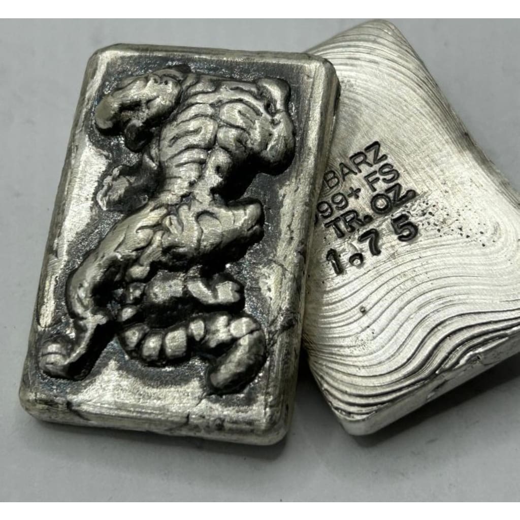 1.75 Ozt MK BarZ Tiger Attack Hand Poured Bar.999 Fine Silver