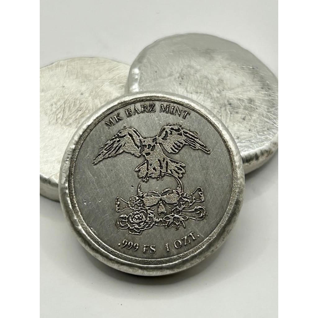 1 Oz MK BarZ Ominous Omen.999 Fine Silver Round with Crow and Skull Design