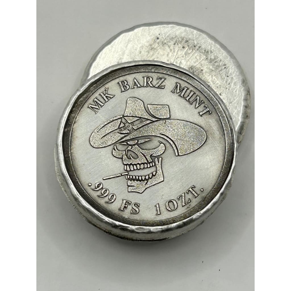 1 Oz MK BarZ Wild West Rebel Skull Cowboy Stamped.999 FS Round