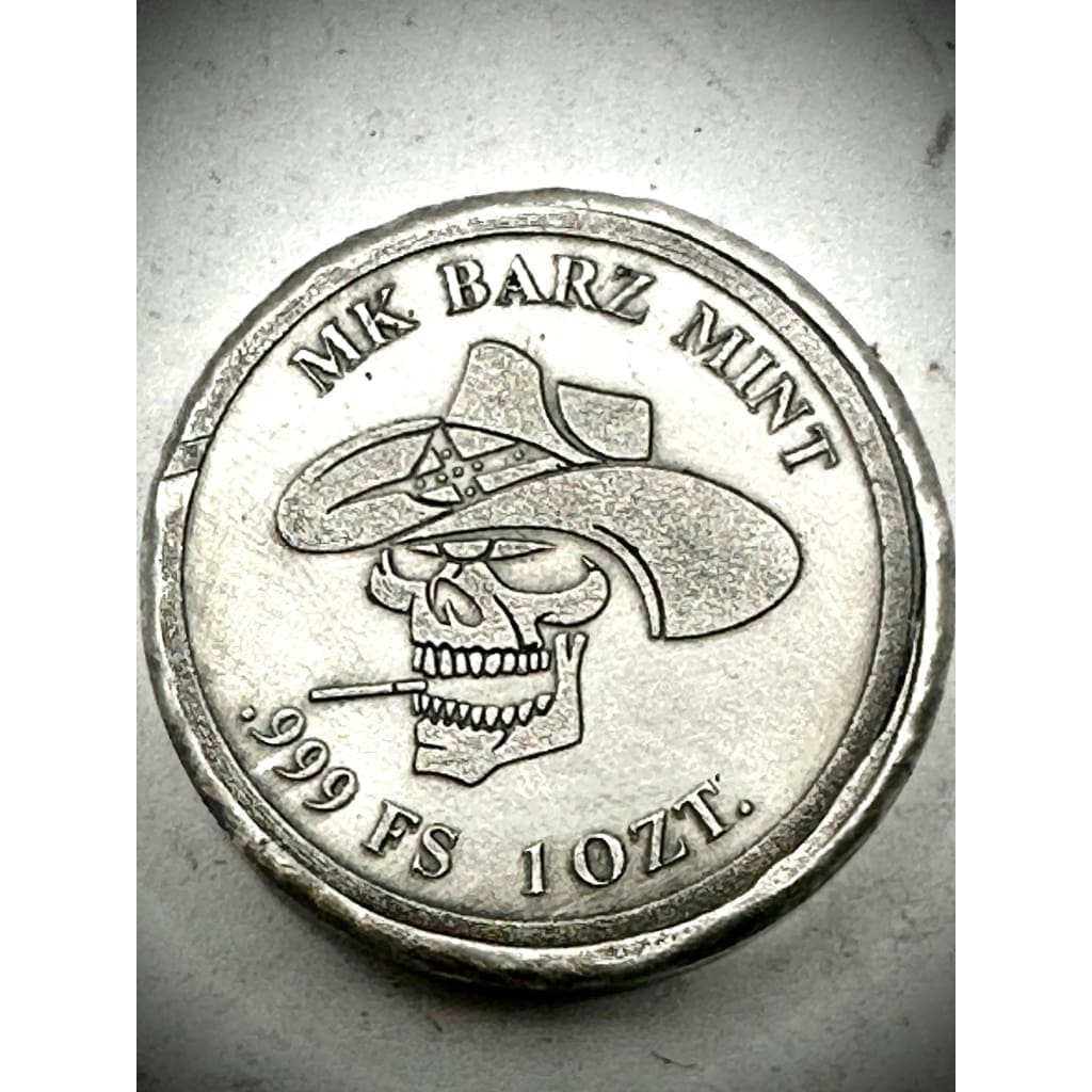 1 Oz MK BarZ Wild West Rebel Skull Cowboy Stamped.999 FS Round