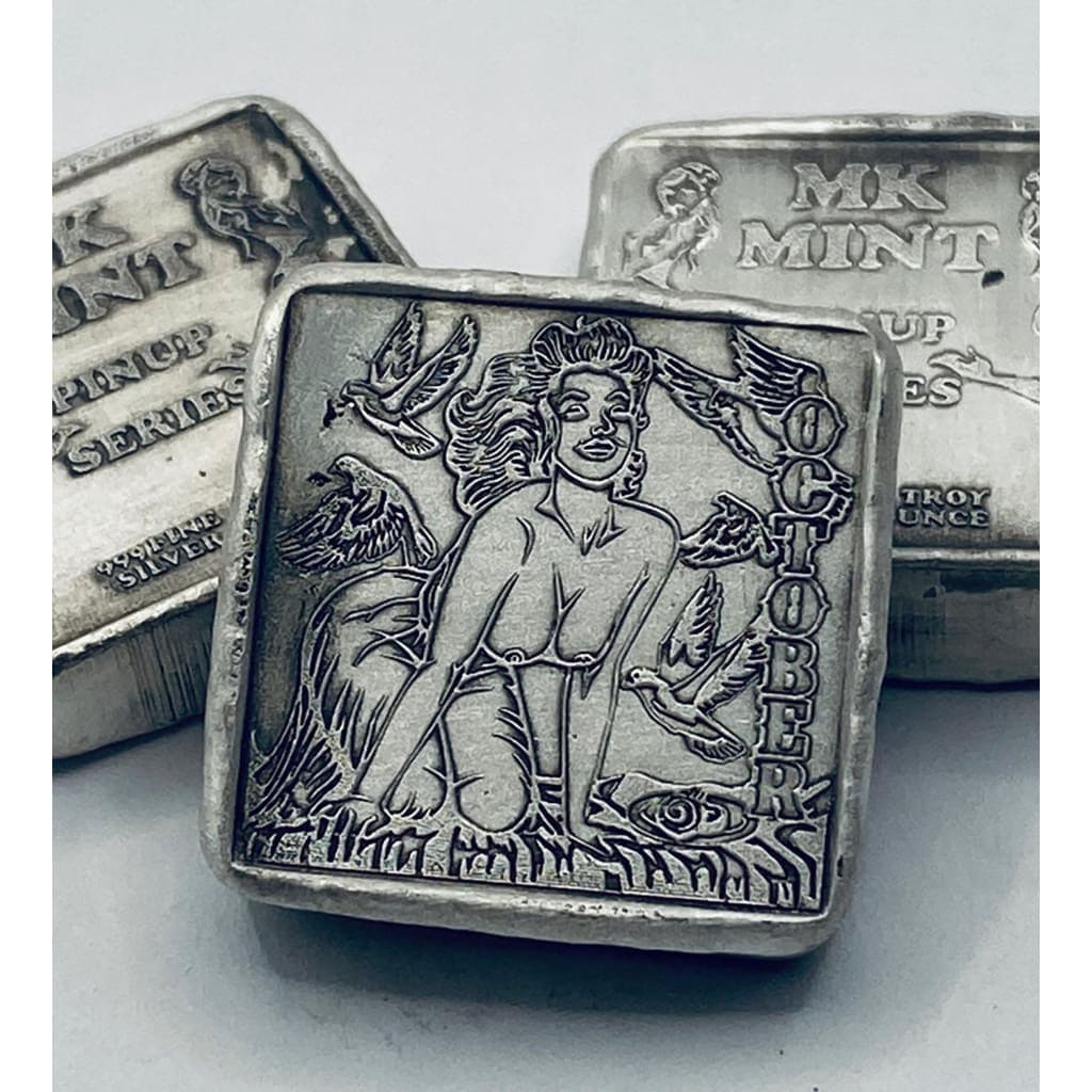 1 ozt MK BarZ Pin Up - October Stamped Square.999 Fine Silver