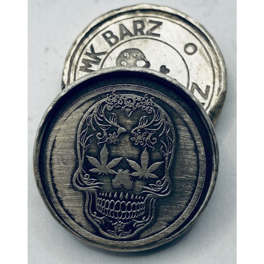 1 Ozt MK BarZ Skully High Life Weed Round Hand Poured.999 Fine Silver - Silver bullion