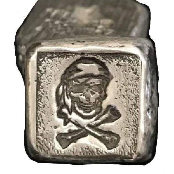 1 Troy Oz. Aye Matey Pirate Skull Stamped Cube.999 Fine Silver