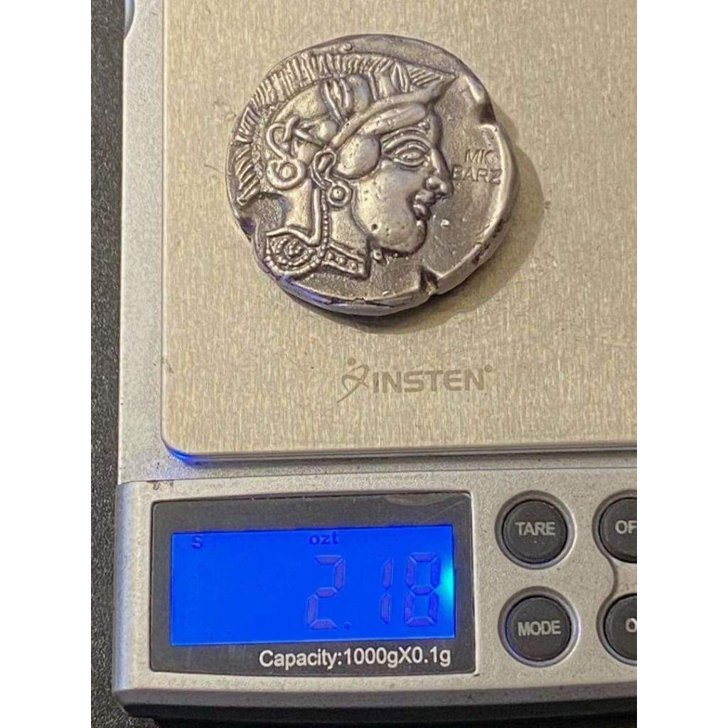 @2.18 Oz MK BarZ Owl of Athena- Roman Reverse! Sand Cast Replica Ancient Coin.999 FS