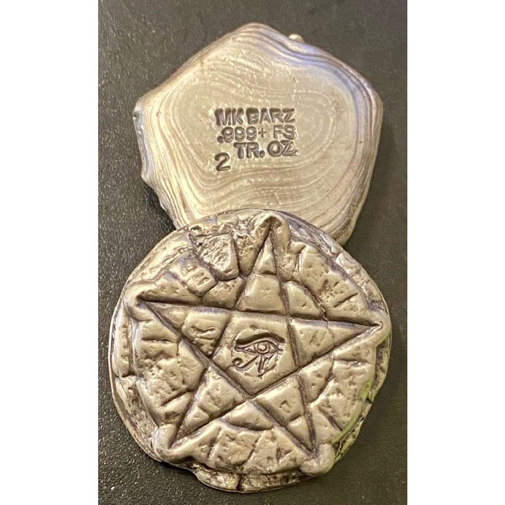 2 Oz MK BarZ Pentagram- All Seeing Eye Token Hand Poured.999 FS Round - silver bullion
