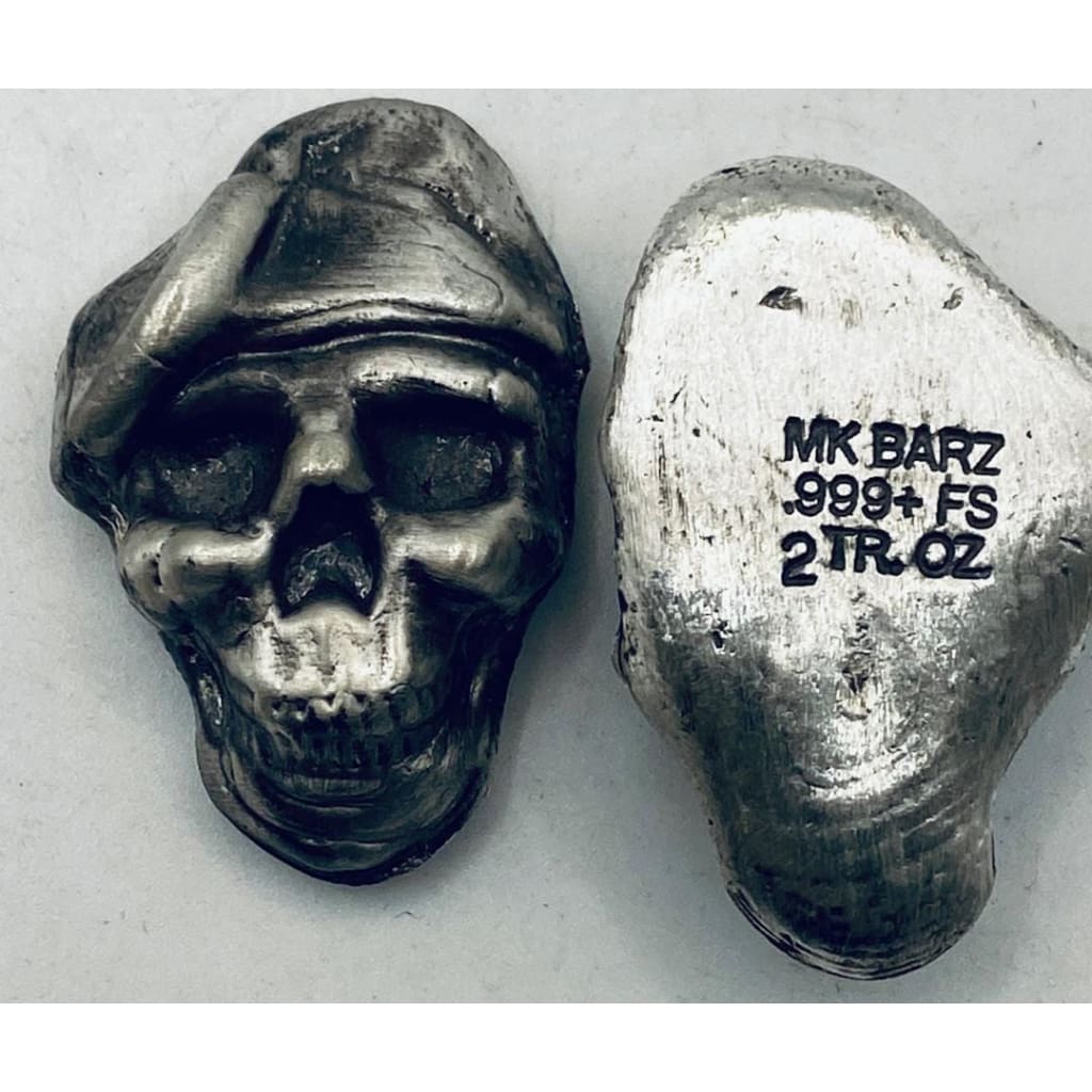 2 Oz MK BarZ Ranger Skully Hand Poured.999 Fine Silver