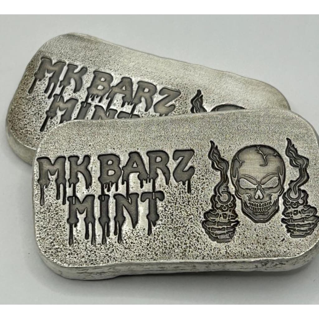 2 ozt. MK BarZ Deadly Precision.999 FS Silver Bar with Skull and Dual Guns Stamp