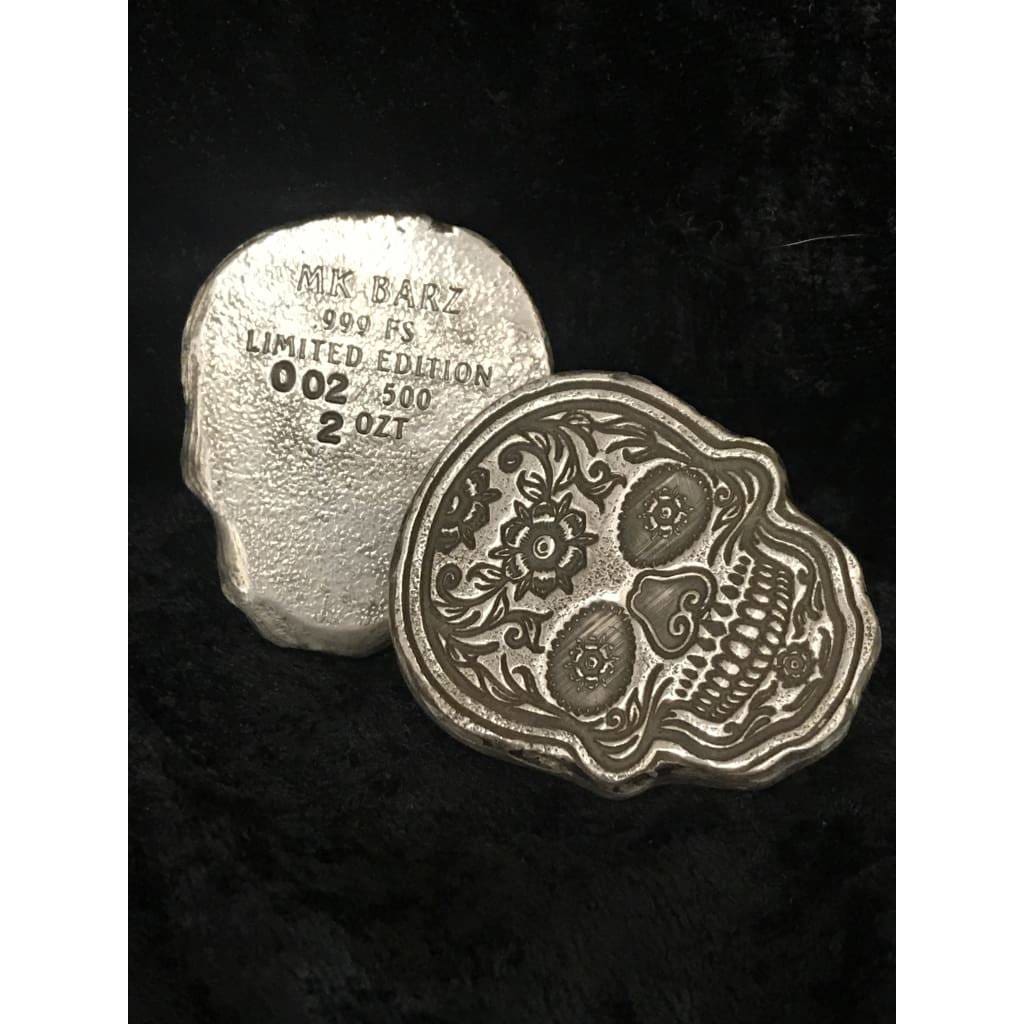 2 Ozt MK BarZ Golden Flower Sugar Skull.999 FS LTD - silver bullion