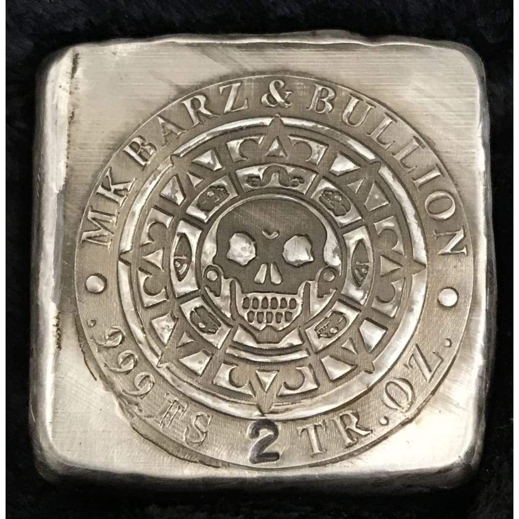 2 Troy Oz MK BarZ Aztec Skull Stamped Square.999 FS