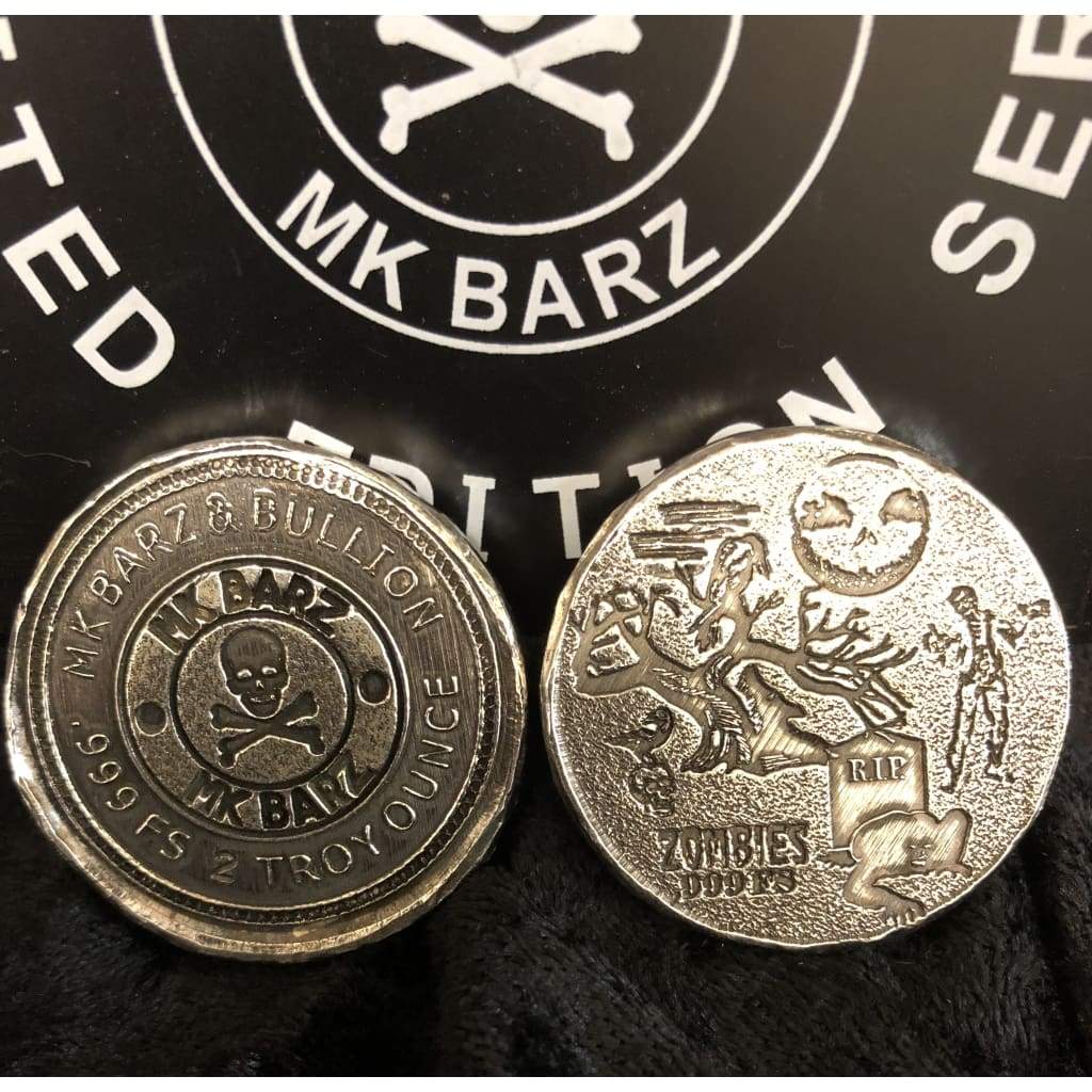 2 Troy Oz MK BarZ "Zombies Graveyard" Logo Double Stamped Round .999 FS - MK BARZ AND BULLION