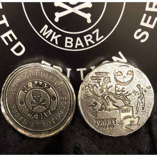 2 Troy Oz MK BarZ "Zombies Graveyard" Logo Double Stamped Round .999 FS - MK BARZ AND BULLION