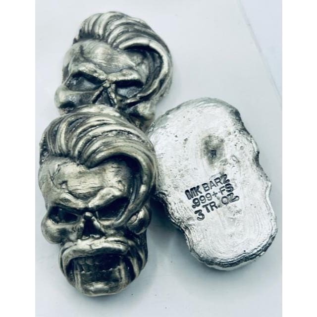 3 Oz MK BarZ Rock ’n’ Rollin’ Bones.999 Fine Silver Skull