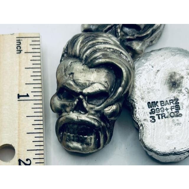 3 Oz MK BarZ Rock ’n’ Rollin’ Bones.999 Fine Silver Skull