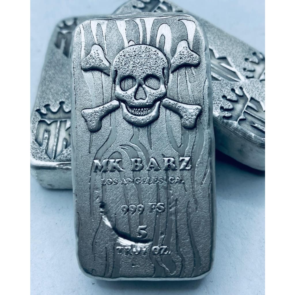 5 Ozt MK BarZ Skull & Crossbones Monogrammed Weight Bar.999 Fine Silver