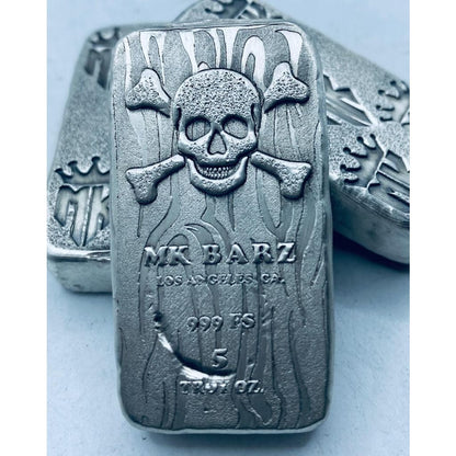 5 Ozt MK BarZ Skull & Crossbones Monogrammed Weight Bar.999 Fine Silver